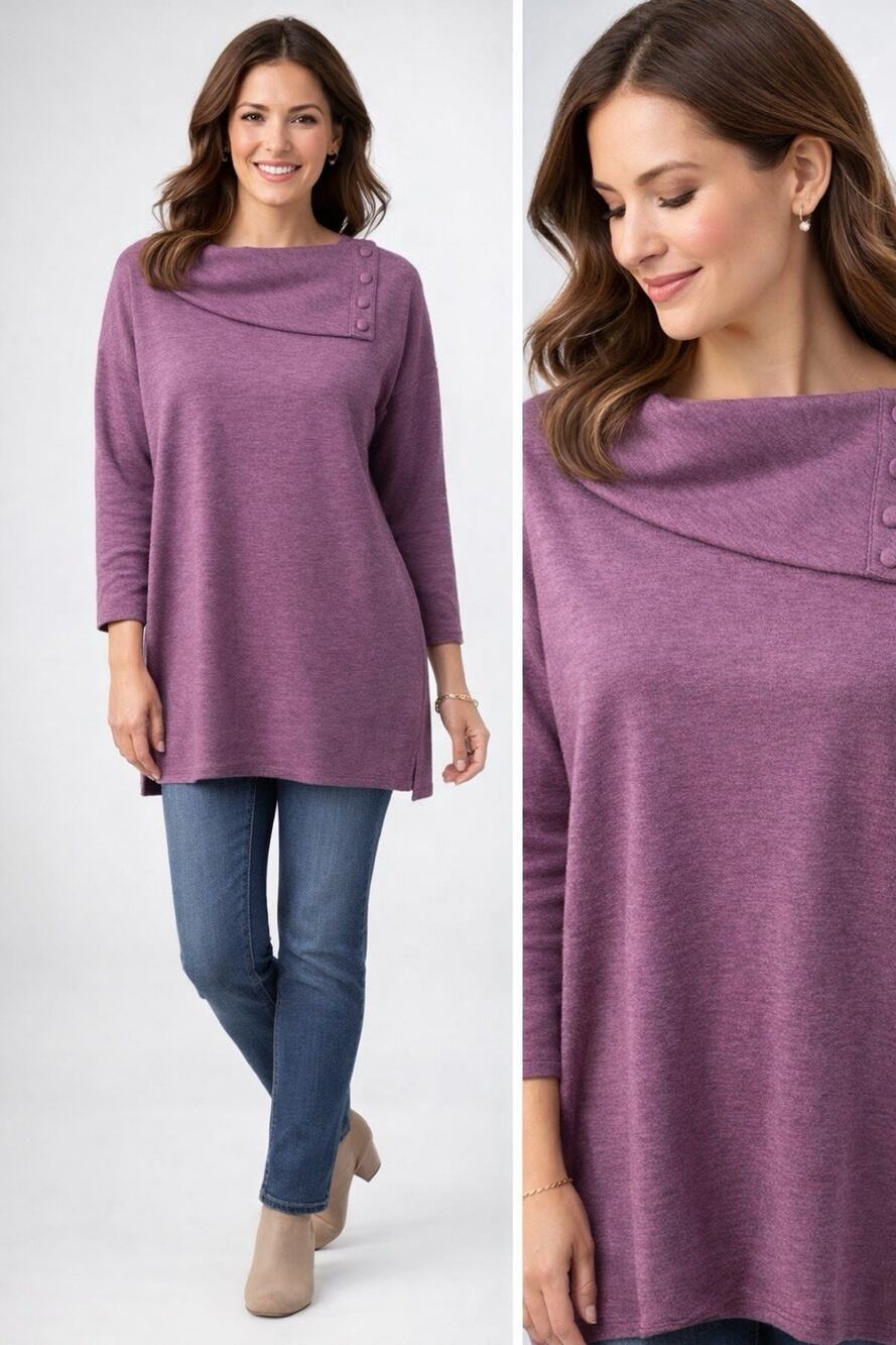 Soft Surroundings Womens Oversized M Heather Purple Greenwood Snap Cowl Neck EUC